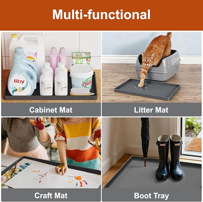 19” x 12” Heavy Duty Waterproof Silicone Mat with Raised Edge, BPA Free Non-Slip Dog & Cat Food Mat, Feeding Mat for Food and Water Bowls, Spill Proof Mat to Protect Floors, Black