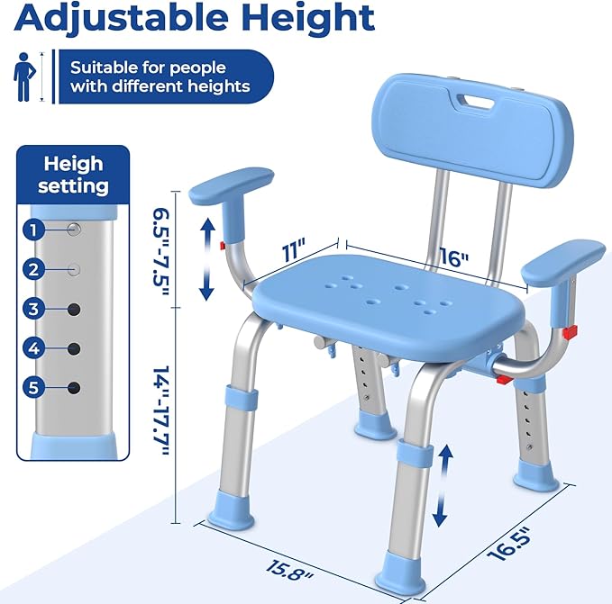 KingPavonini Shower Chair for Inside Shower with Arms and Back, Height & Width Adjustable Heavy Duty Shower Seat for Inside Tub(550 lb), Shower Chair for Elderly and Disabled