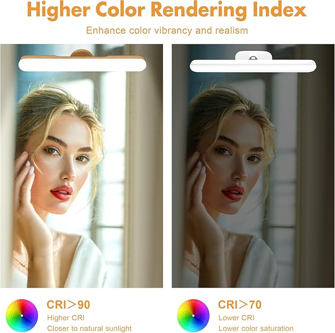 Set of 2 Wireless Vanity Makeup Lights for Mirror, Rechargeable LED Stick On Light Bar for Bathroom Mirror with Dimmable 3 CCT, Long Battery Life Cordless Light for Vanity Desk(Light Brown)