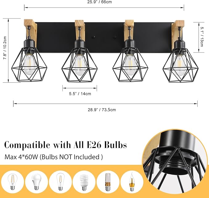 maesta 4-Light Farmhouse Bathroom Vanity Light Fixtures, Wood Bathroom Light Over Mirror, Rustic Sconces Wall Lighting with Elegant Metal Lampshade for Living Room, Bedroom, Hallway