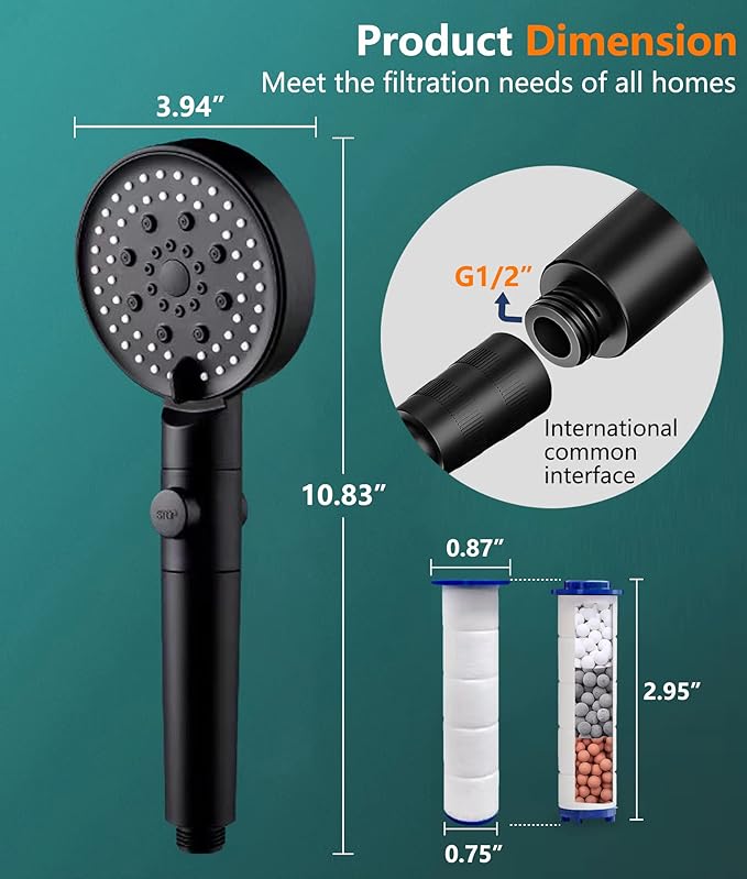 Spray Shower Head Filter with Mineral Beads, Hydro High Pressure Handheld Turbo Shower Head Filter for Hard Water, Reduces Dry Itchy Skin & Hair Loss, 2.95in Set of 6 Replacement PP-Cotton Filters