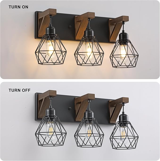 3-Light Farmhouse Bathroom Vanity Light Fixtures, Wood Bathroom Light Over Mirror, Rustic Sconces Wall Lighting with Elegant Metal Lampshade for Living Room, Bedroom, Hallway