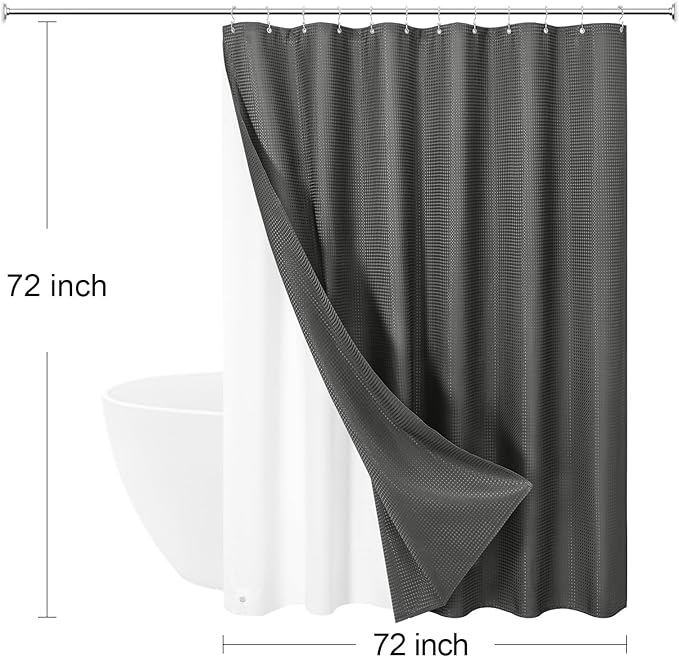 3 in 1 Shower Curtain Set, Charcoal Grey Waffle Fabric Modern Shower Curtain and PEVA Liner Set with 12 Stainless Steel Shower Curtain Hooks, Dark Grey, 72 W x 72 H