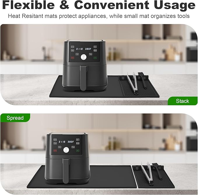 24x16 Inch Silicone Mat for Kitchen Counter, Kitchen Essentials and Gadgets - Silicone Air Fryer and Coffee Mat Set - Heat Resistant Mat for AirFryer, Microwave, Oven, Coffee Machine (Black)