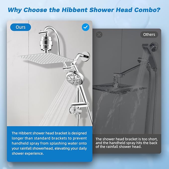Hibbent Dual Filter All Metal 10"Rainfall Showerhead Combo, High Pressure Filter Shower Head with 10-Spray Mode Handheld, Innovative 4-way Diverter with Pause Mode, 71'' Shower Hose and Holder, Chrome