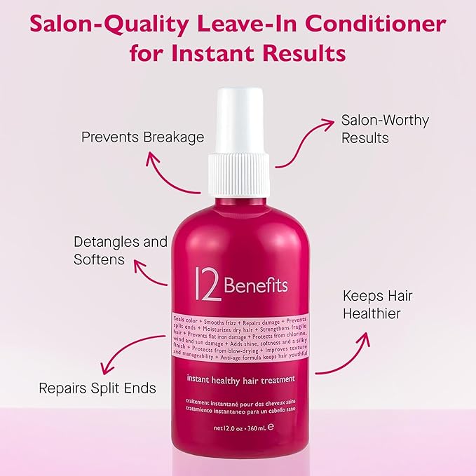 12 Benefits Instant Healthy Hair Treatment - Leave In Conditioner Spray with Quaternium 39 and Silk Fibre Protein - Smooths Frizz, Strengthens & Repairs Damaged Hair - (12 Fl Oz)