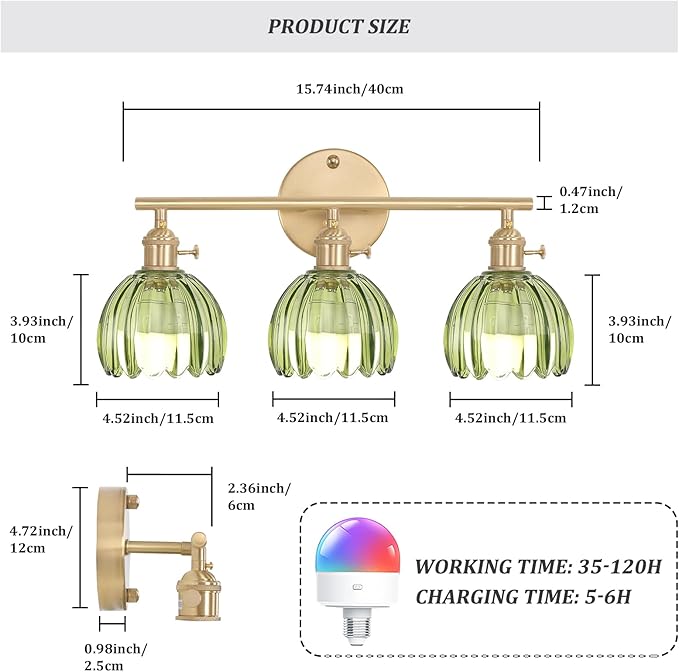 Battery Operated Bathroom Light Fixtures, 3-Light Brass Vanity Wall Light with 5000mAh Rechargeable Bulb Over Mirror with Green Tulip Glass Shade for Bedroom Living Room