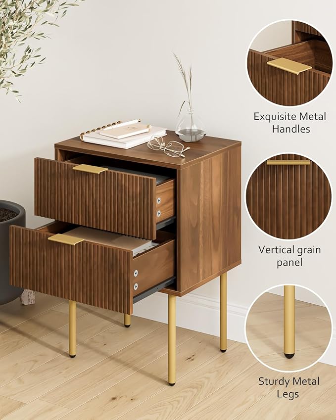 Masupu Night Stand,Mid-Century Modern Bedside Table with 2 Storage Drawer,Small Gold Frame Side End Table for Bedroom,Living Room, Walnut