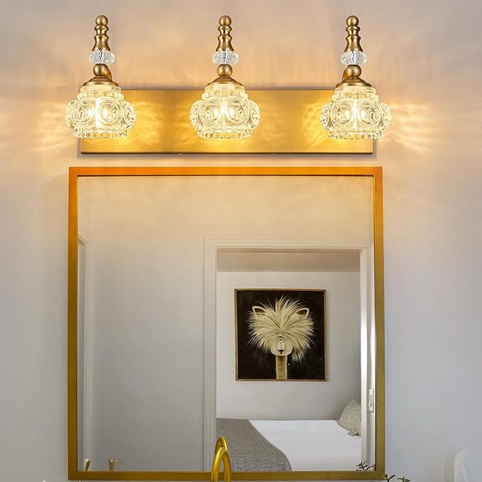 Modern Glass Crystal Vanity Light - Vintage Bathroom Lighting Fixtures Over Mirror, 3 Light Vanity Lights G9 Bulb (19.68 Inch,Brass)