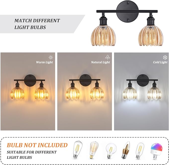 Bathroom Light Fixtures, 2-Light Black Vanity Wall Light Over Mirror with Amber Tulip Glass Shade for Bedroom Living Room (Bulb Not Included)