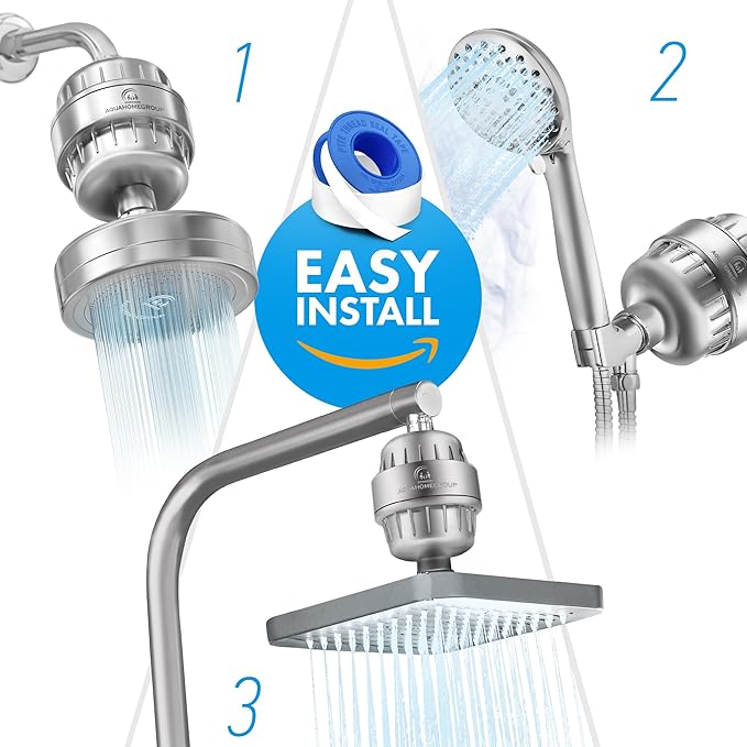 AquaHomeGroup 20 Stage Shower Head Filter with Vitamin C E A for Hard Water - High Output Water Filters to Remove Chlorine and Fluoride - 2 Cartridges Included - Consistent Flow Showerhead Filter