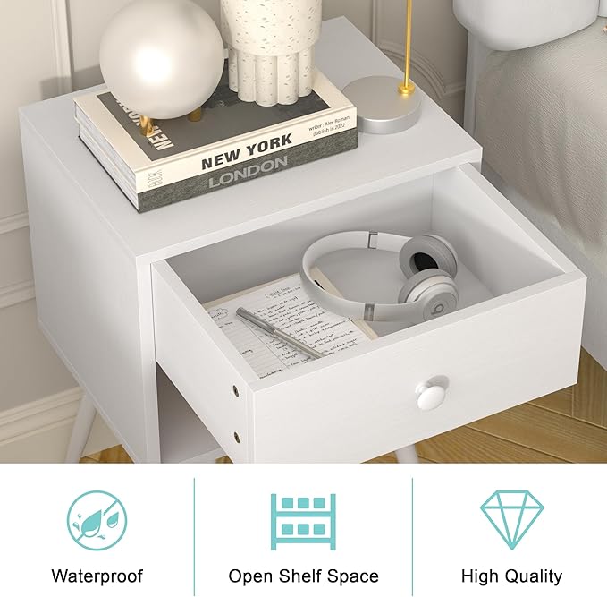 VECELO Nightstands Set of 2, Mid Century Modern End Bedside Table, Night Stand with Storage Drawer and 2 Tiers Open Shelf for Small Place, Bedroom, Living Room, Easy Assembly, Pure White