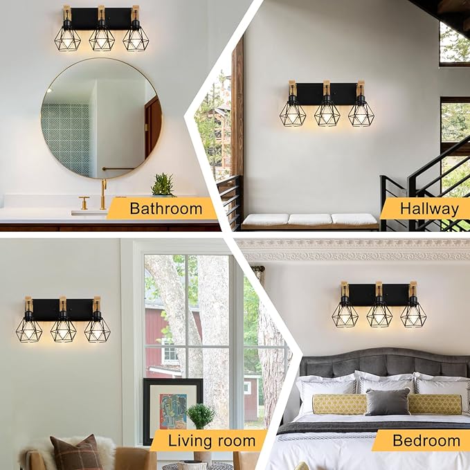 3-Light Farmhouse Bathroom Vanity Light Fixtures, Wood Bathroom Light Over Mirror, Rustic Sconces Wall Lighting with Elegant Metal Lampshade for Living Room, Bedroom, Hallway