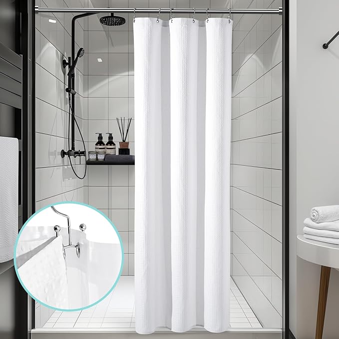 3 in 1 Shower Curtain Set, Waffle Shower Curtain and Liner Set with 6 Double Sided Shower Curtain Hooks, 258GSM Luxury Weighted Cloth Shower Curtains for Bathroom, 36 W x 72 H, White