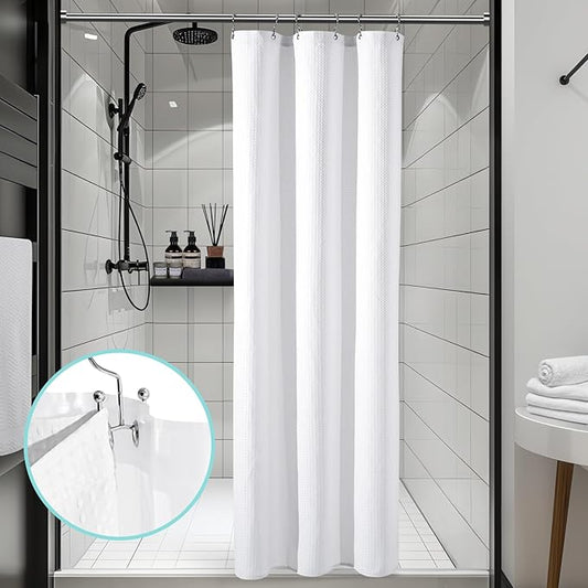 3 in 1 Shower Curtain Set, Waffle Shower Curtain and Liner Set with 6 Double Sided Shower Curtain Hooks, 258GSM Luxury Weighted Cloth Shower Curtains for Bathroom, 36 W x 72 H, White