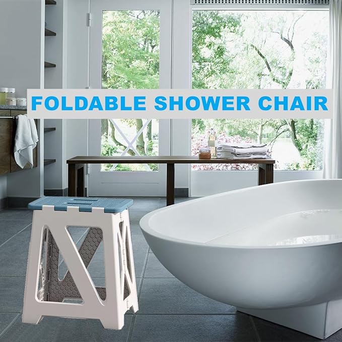 Foldable Bath Shower Safety Chair Seat Grey, Foldable and Anti-Slip Bench Bathtub Stool for Elderly or Seniors (Foldable ShowerChair 15.7" H Grey, Seat Size 12.4" x 8.3“