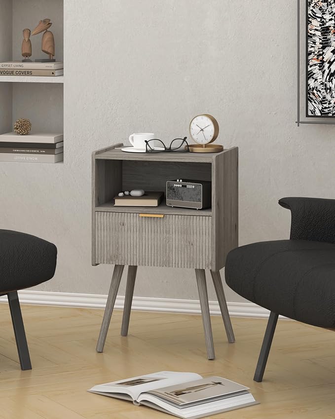 Nightstand,Modern Bedside Table with Storage Drawer and Open Wood Shelf, for Living Room, Bedroom and Small Spaces, Accent Night Stand with Solid Wood Legs, Easy Assembly,Grey Oak