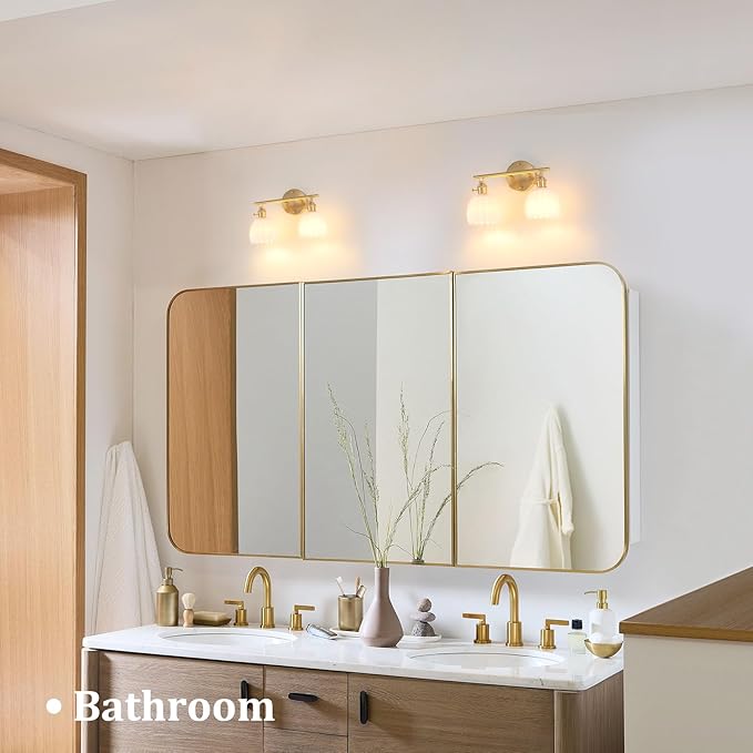 Bathroom Light Fixtures, 2-Light Brass Vanity Wall Light Over Mirror with White Tulip Glass Shade for Bedroom Living Room (Bulb Not Included)