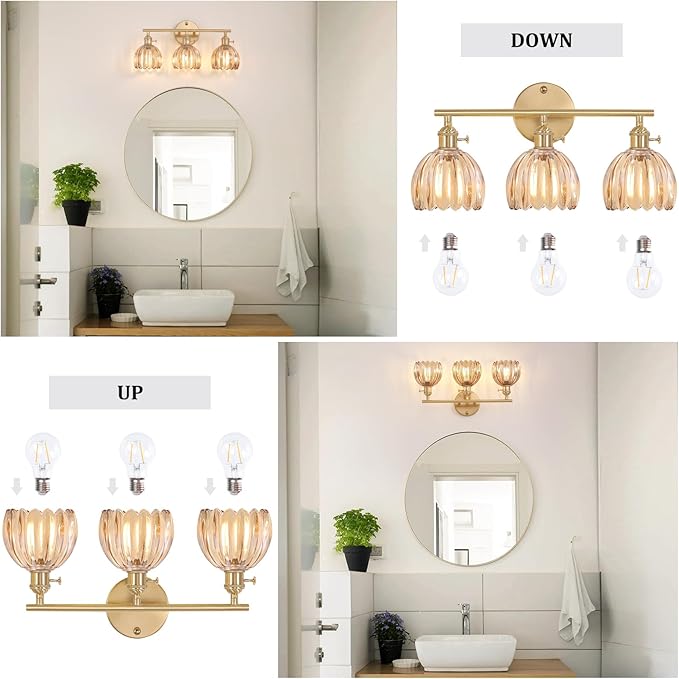 Bathroom Light Fixtures, 3-Light Brass Vanity Wall Light Over Mirror with Amber Tulip Glass Shade for Bedroom Living Room (Bulb Not Included)
