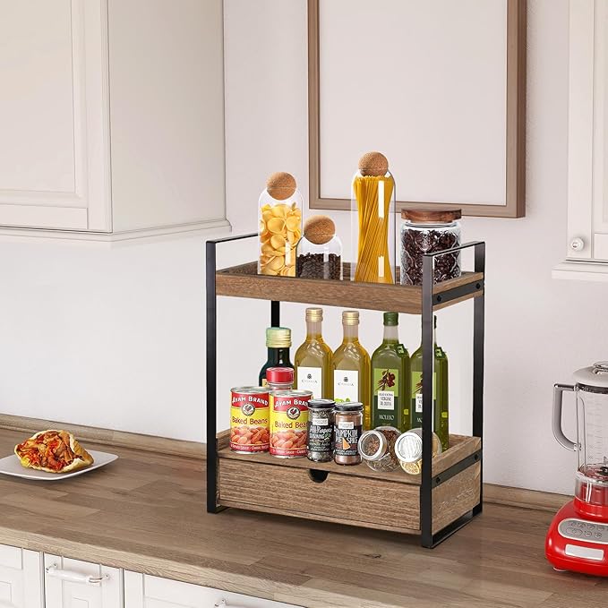 2-Tier Bathroom Organizer Countertop with Drawer, Wood Counter Shelf for Storage, Vanity Tray for Organization and Decor, Countertop Organizer for Bathroom, Kitchen, Office (Dark Brown)