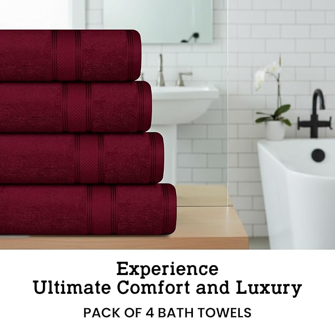 Casa Lino Burgundy Bath Towels Set of 4 (54" x 27") - Large Bathroom Towel Set - 100% Cotton Towels for Bathroom - Highly Absorbent & Quick Dry Bath Towel Multipack - New Apartment Essentials
