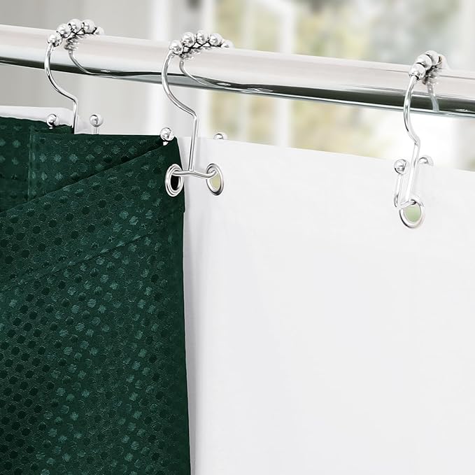3 in 1 Stall Half Size Dark Green Shower Curtain Set-36 W x 72 H, Modern Waffle Waterproof Fabric and PEVA Liner Set with Stainless Steel Hooks