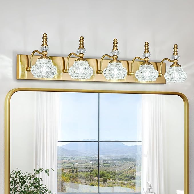 Modern Glass Crystal Vanity Light - Vintage Bathroom Lighting Fixtures Over Mirror, 5 Light Vanity Lights G9 Bulb (35.43 Inch, Gold)