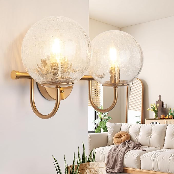 2-Light Bathroom Light Fixtures, Gold Bathroom Lights Over Mirror with Cracked Glass Globe Shade, Modern Vanity Lights for Bathroom Bedroom Living Room Hallway E12 Base(Bulbs Not Included)
