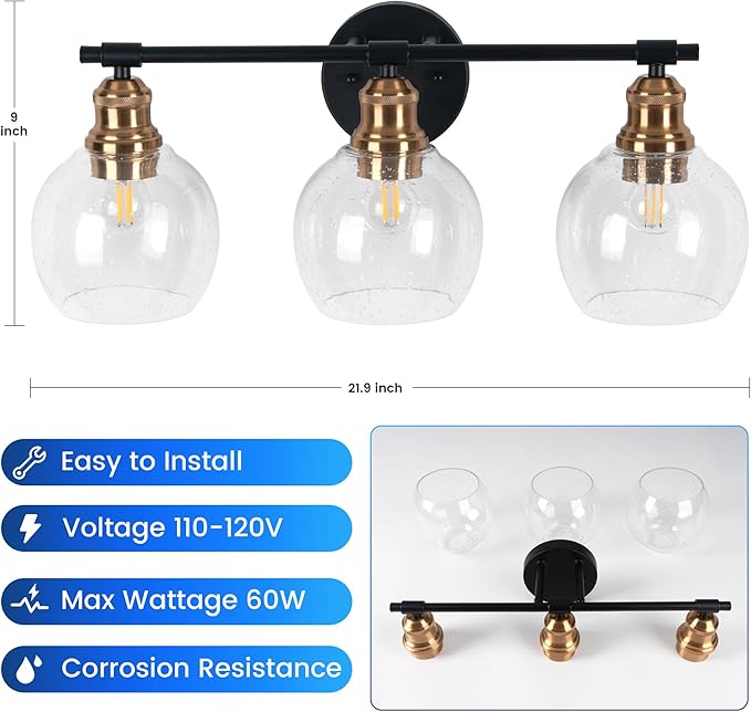 3 Light Bathroom Vanity Light, Black and Gold Bathroom Light Fixtures, Sconces Wall Lighting with Seeded Glass Shade, Modern Brushed Gold Vanity Lights for Bathroom, Bedroom, Hallway