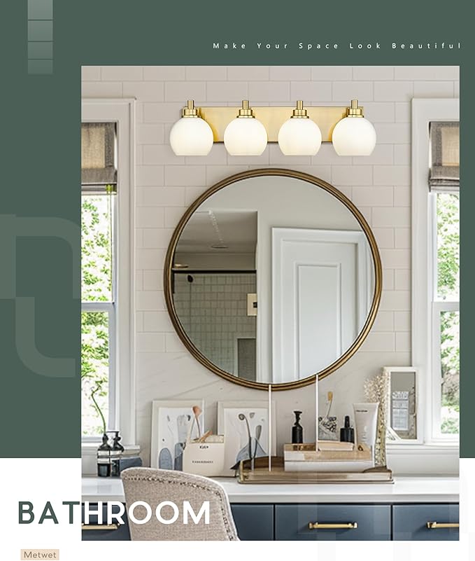 Bathroom Light Fixtures, 4 Light Brushed Gold Vanity Light, 26 Inch Modern Wall Sconces with Globe Milk White Glass Shade, Vanity Lighting Fixtures Over Mirror, VL195-BG-ML-4