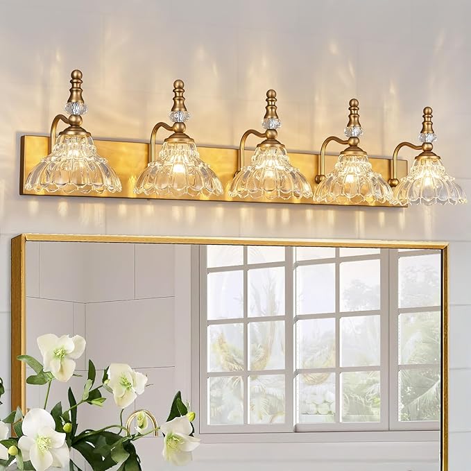 Vintage Bathroom Vanity Light, 5-Light Brass Vanity Lighting Fixture with Flower Glass Shade, Bathroom Lighting Fixtures Over Mirror