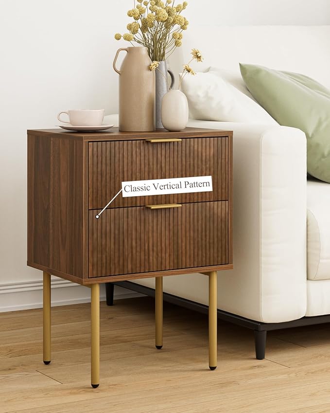 Masupu Night Stand,Mid-Century Modern Bedside Table with 2 Storage Drawer,Small Gold Frame Side End Table for Bedroom,Living Room, Walnut