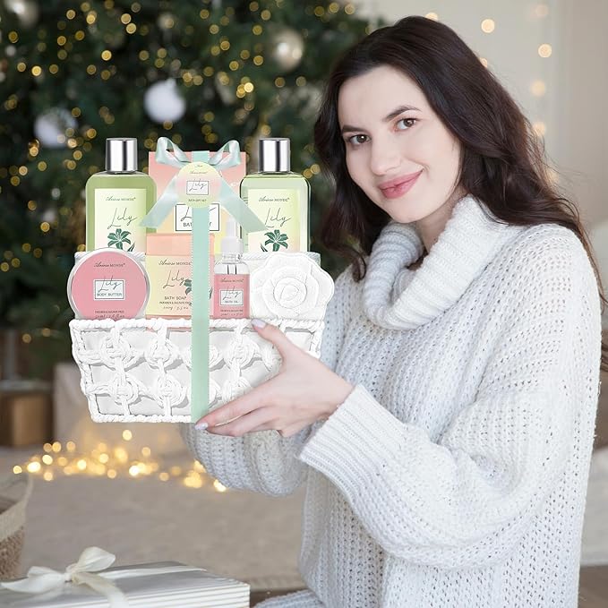 Spa Gift Baskets for Women Bath and Body Gift Set, 9pcs Spa Gifts for Women, Lily Bath Gift Set with Bubble Bath, Body Lotion, Christmas Gifts for Her Relaxing Bath Sets