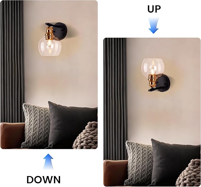 1-Light Bathroom Wall Sconce, Matte Black and Gold Vanity Light, Modern Wall Light Fixture with Seeded Glass Shade and E26 Bulb Base, Wall Lamp Wall Mount Light Fixtures for Mirror, Bedroom, Hallway