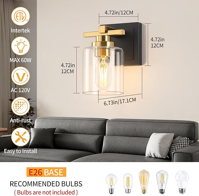 1 Light Modern Bathroom Light Fixtures Over Mirror, Black Gold Vanity Lights for Bathroom Wall Sconces with Clear Glass Shades, E26 Socket (Bulbs Not Included)