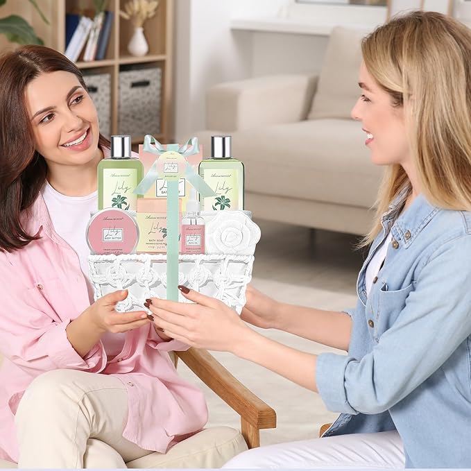 Spa Gift Baskets for Women Bath and Body Gift Set, 9pcs Spa Gifts for Women, Lily Bath Gift Set with Bubble Bath, Body Lotion, Christmas Gifts for Her Relaxing Bath Sets