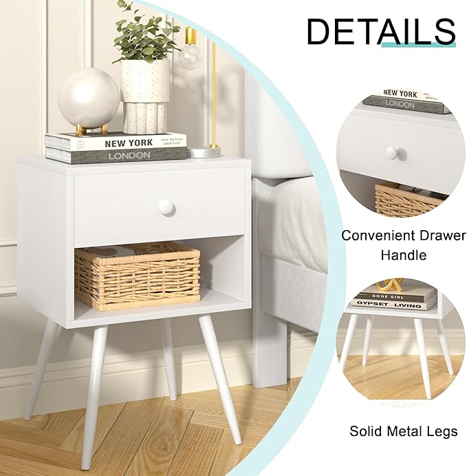 VECELO Nightstands Set of 2, Mid Century Modern End Bedside Table, Night Stand with Storage Drawer and 2 Tiers Open Shelf for Small Place, Bedroom, Living Room, Easy Assembly, Pure White