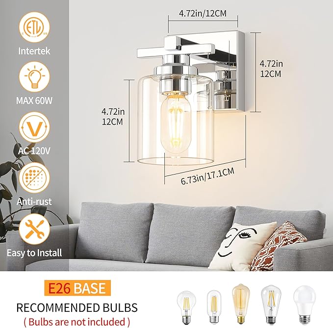 1 Light Modern Bathroom Light Fixtures Over Mirror, Chrome Vanity Lights for Bathroom Wall Sconces with Clear Glass Shades, E26 Socket (Bulbs Not Included)