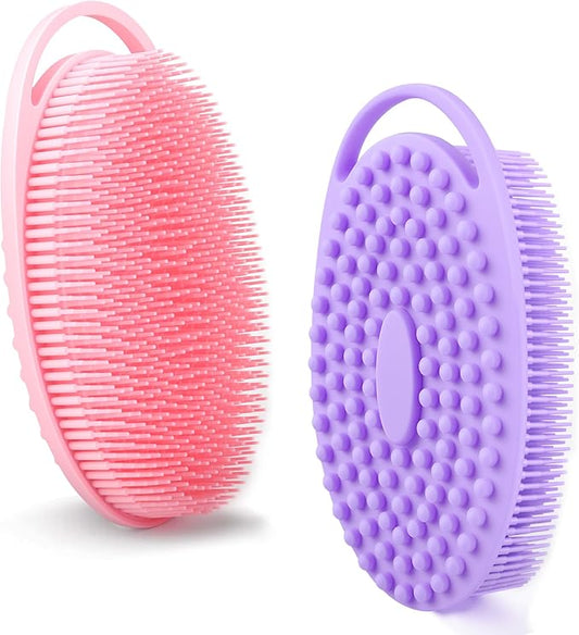 2 Pack Silicone Body Scrubber for Shower, Soft & Gentle Loofah Alternative for Sensitive Skin, Quick-Drying & Hygienic Body Wash Scrubber Brush for Women, Men & Kids (Purple & Pink)