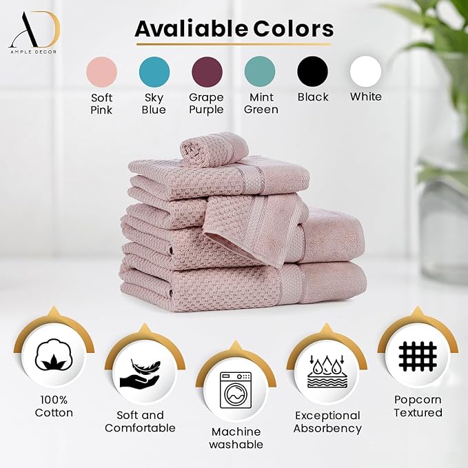 Ample Decor 100% Cotton Soft Pink Washcloths Set of 5 - Super Soft, Quick-Dry, Highly Absorbent, Popcorn Textured - Mulaayam Collection - 12 X 12 Inch