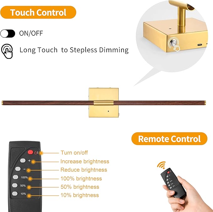 Battery Operated Wall Sconce Single, Walnut Gold Rechargeable Wall Sconce with Remote, Dimmable Sconce Wall Light, 30 Inch LED Wireless Wall Light for Background Wall, Bedroom,Living Room