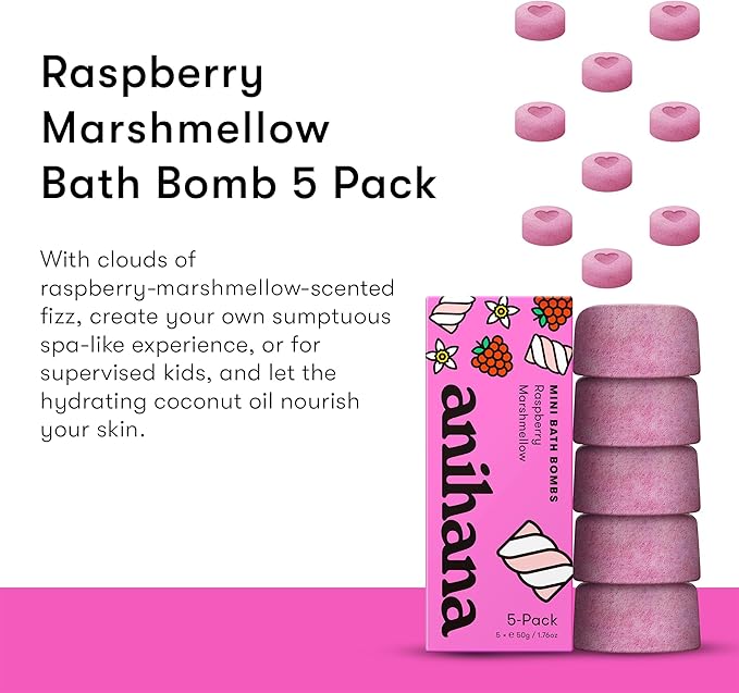 ANIHANA Mini Bath Bombs with Coconut Oil, Paraben Free, Hand-Crafted Luxury Fizzers, Refreshing Raspberry Marshmellow Scent, 1.76 oz Each, 5 Pack