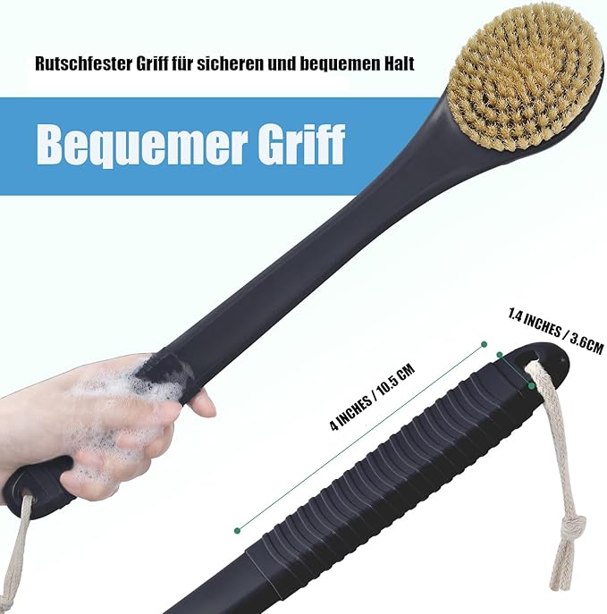 17-Inch Back Scrubber for Shower, Anti-Slip Exfoliating Body Brush for Bath, Gentle Back Brush for Shower for Men, and Women, Cleaning Skin for Smooth, Glowing Skin (Boar Bristles)