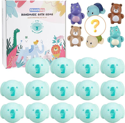 SHUCHING 14 Pcs Blue Elephant Bath Bombs with Surprise Inside, Natural and Organic Bubble Bath Fizzy Balls for Kids, Birthday Christmas Gifts Set for Boys Girls