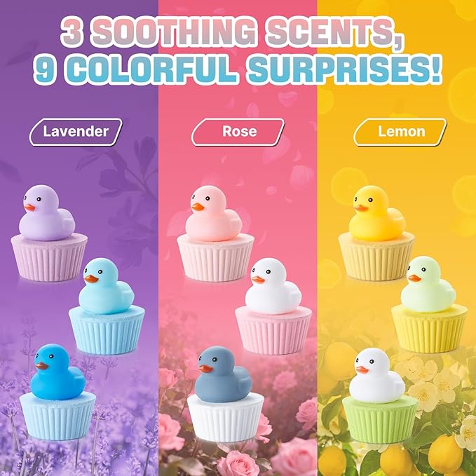 JET LAG 9PCS Cute Duck Bath Bombs for Kids, Handmade Fizzies Bathbombs for Women, Natural & Kids Friendly - Cupcake Gift Set for Birthday Christmas Easter Valentine's Day
