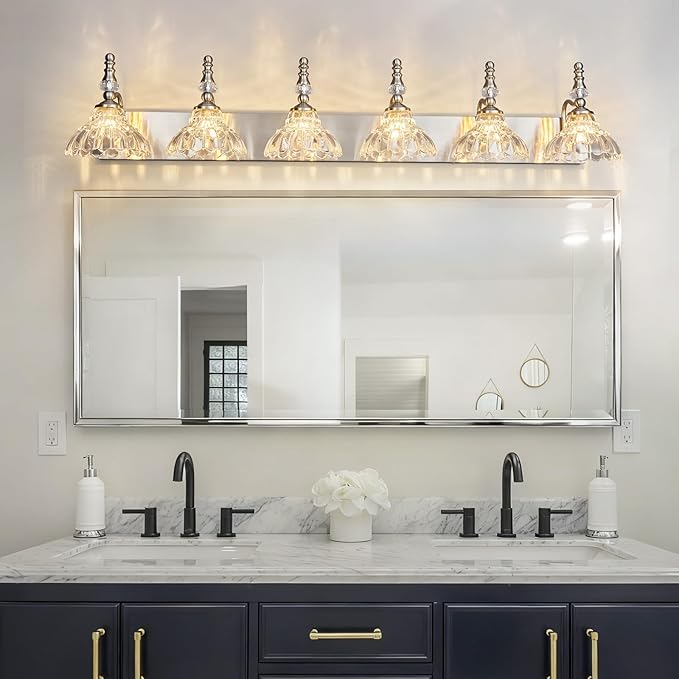 Vintage Bathroom Vanity Light, 6-Light Brushed Nickel Vanity Lighting Fixture with Flower Glass Shade, Bathroom Lighting Fixtures Over Mirror