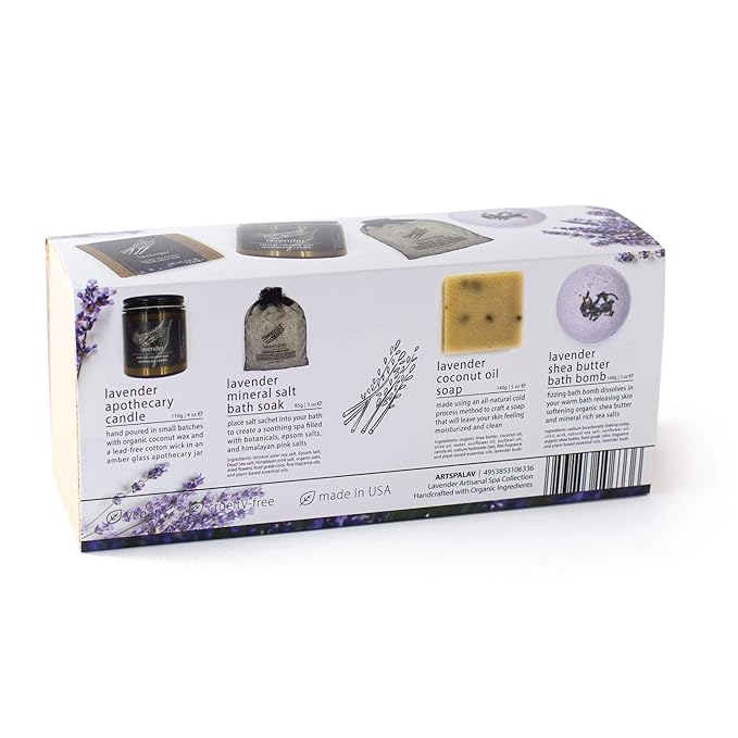 Hemlock Park Lavender Artisanal Spa Gift Box | Apothecary Candle, Shea Butter Soap, Bath Bomb, Mineral Salt Bath Soak | Handcrafted with Plant Based Ingredients