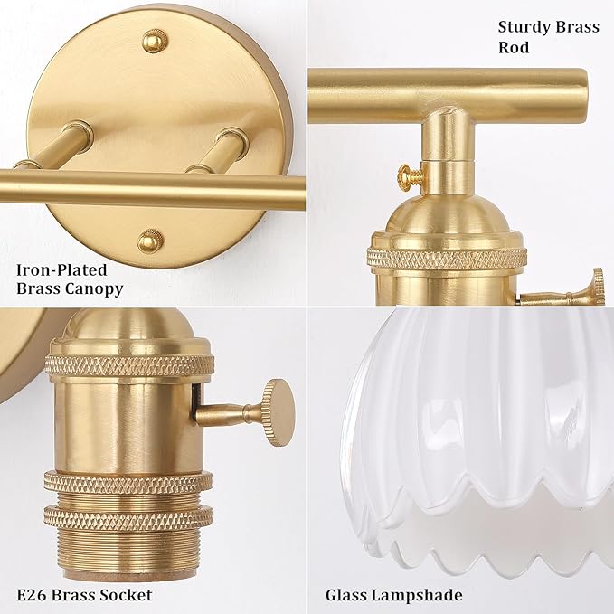 Bathroom Light Fixtures, 2-Light Brass Vanity Wall Light Over Mirror with White Tulip Glass Shade for Bedroom Living Room (Bulb Not Included)