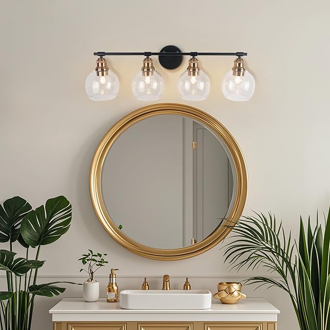 Modern Wall Light Fixtures, 4-Lights Vanity Lights, Black and Gold Bathroom Wall Sconce Over Mirror Vanity Lights with Clear Seeded Glass Lampshade for Bedroom Living Room Dressing Table