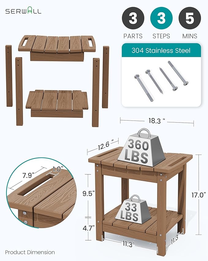 SERWALL Shower Bench, 18" Shower Stool for Inside Shower, HDPE Waterproof Shower Seats for Adults with Storage Shelf & Handles, 360 lbs Capacity- Brown